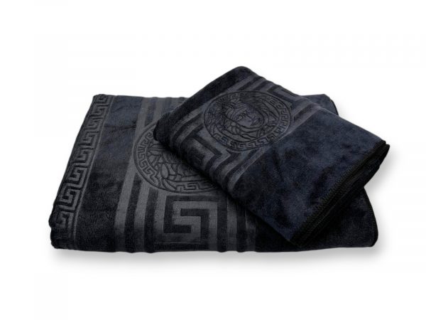 Luks klases vannas dvielis ar Versace simboliku Dark Grey 50×90 cm (vidēja lieluma) - Image 4