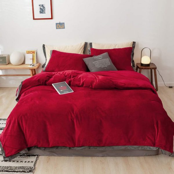 160×200 Plīša mīkstais ziemas LUX gultas veļas komplekts by Paris Home Textiles ar palagu ar gumiju (sarkans/gaiši pelēks) - Image 1