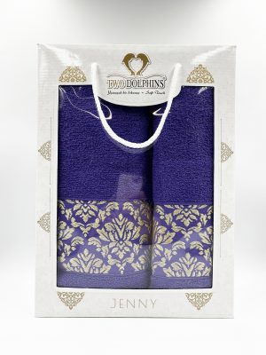 Premium vannas dvieļu komplekts Two Dolphins gaiši violets / 50×90 un 70×140 cm, dāvanu kastē