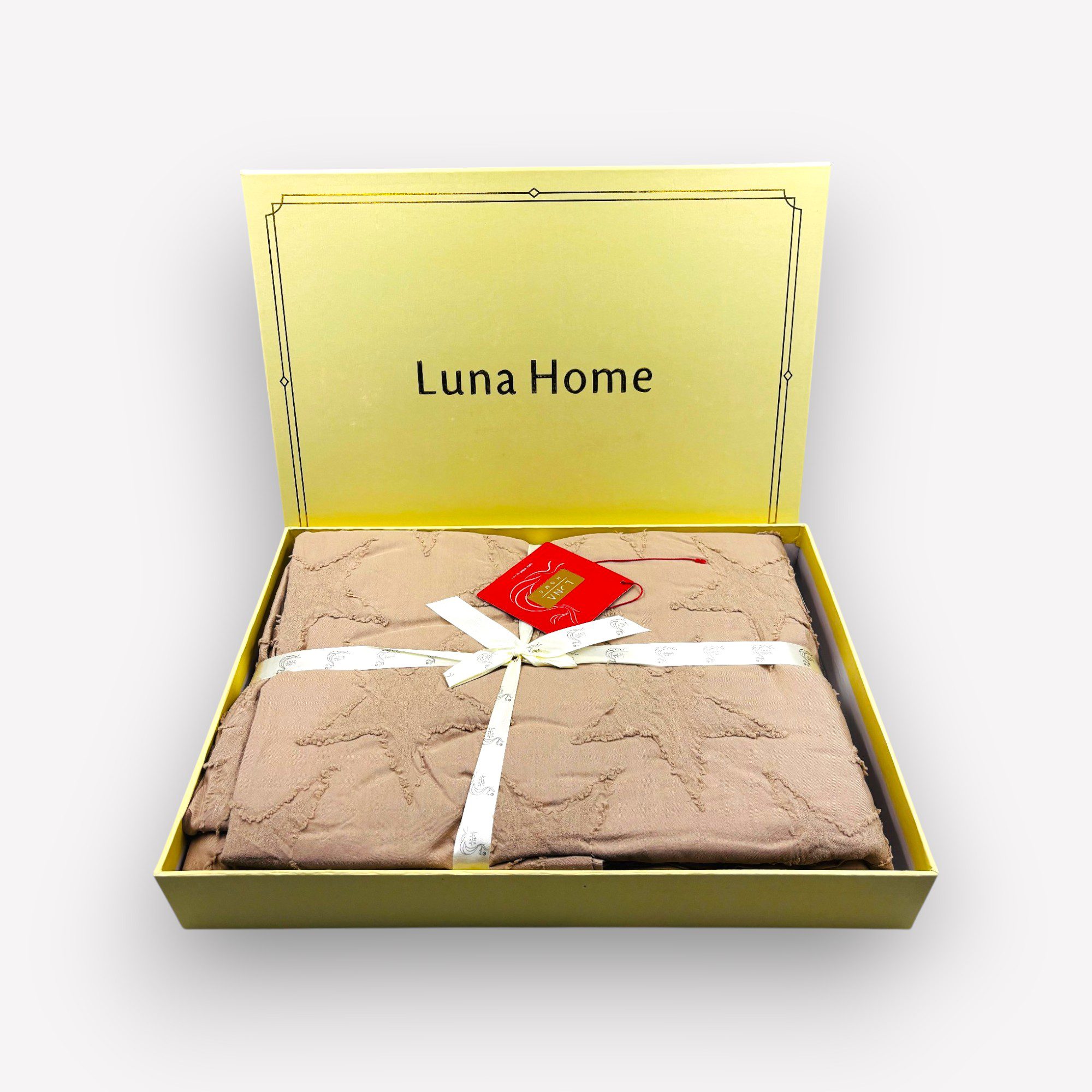910 -4 200×220 Premium gultas veļa ar palagu Luna Home dāvanu kastē, kokvilna satīns (bēšs) - Image 1
