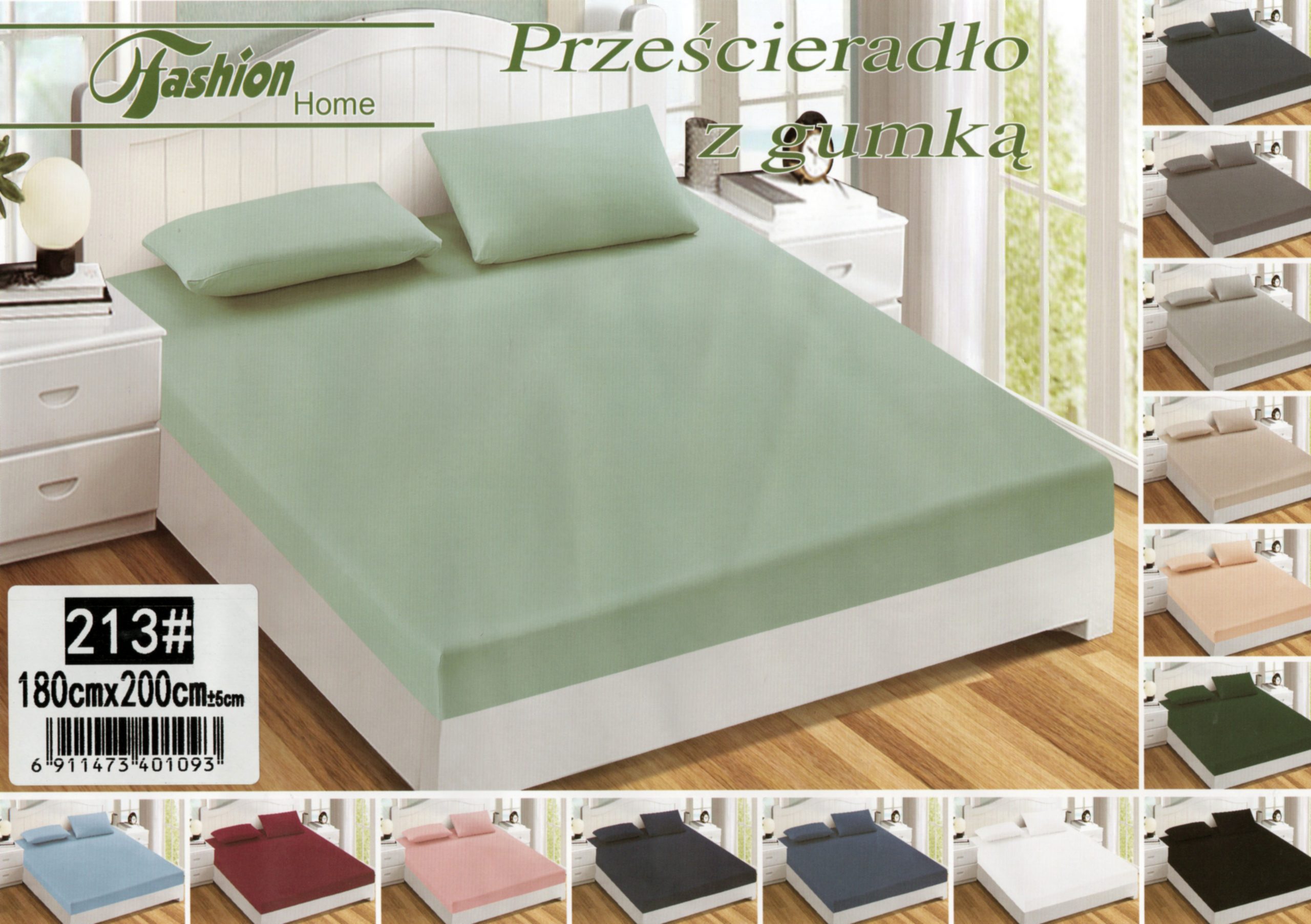 1617 180×200 Palags ar gumiju by Fashion Home/ 100% KOKVILNA SATĪNS (gaiši zaļš) - Image 1