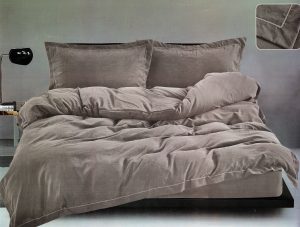 160×200 Premium kokvilnas satīna gultas veļa ar mežģīnēm un palagu ar gumiju – Filow (Taupe pelēks)
