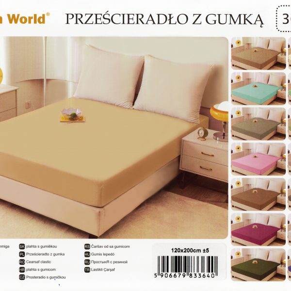 120×200 Palags ar gumiju Cotton World – 100% kokvilna satīns, OEKO-TEX (Gaiši bēšs)